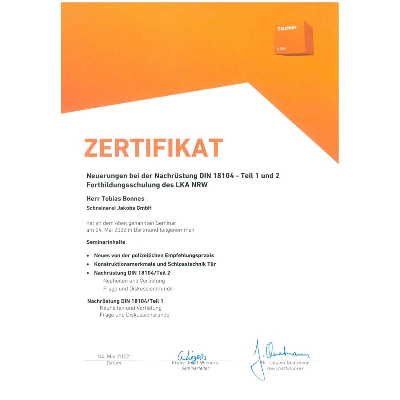 Zertifikat Fortbildungsschulung des LKA NRW Nachrüstung DIN 18104