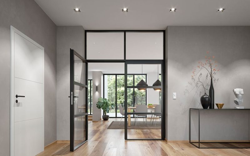 Hoermann-1-flueglige-Drehfluegeltuer-mit-Seitenteil-un-d-Oberlicht